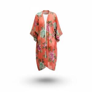 Sheer Orange Floral Open Front Flowy Shawl/Cardigan/Cover Up Ladies ONE SIZE